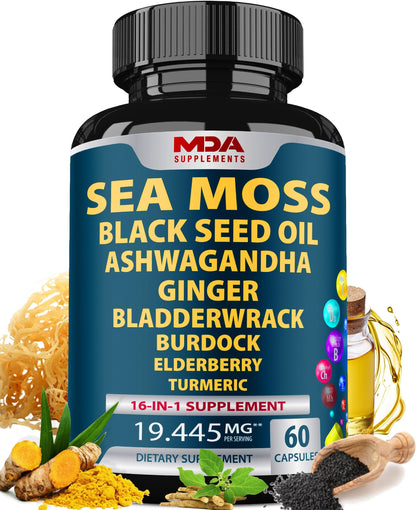 Sea Moss Black Seed Oil Ashwagandha Ginger Sea Moss Capsules with Burdock Root Organic Seamoss Pills Irish Sea Moss with Bladderwrack Multimineral Supplement USA