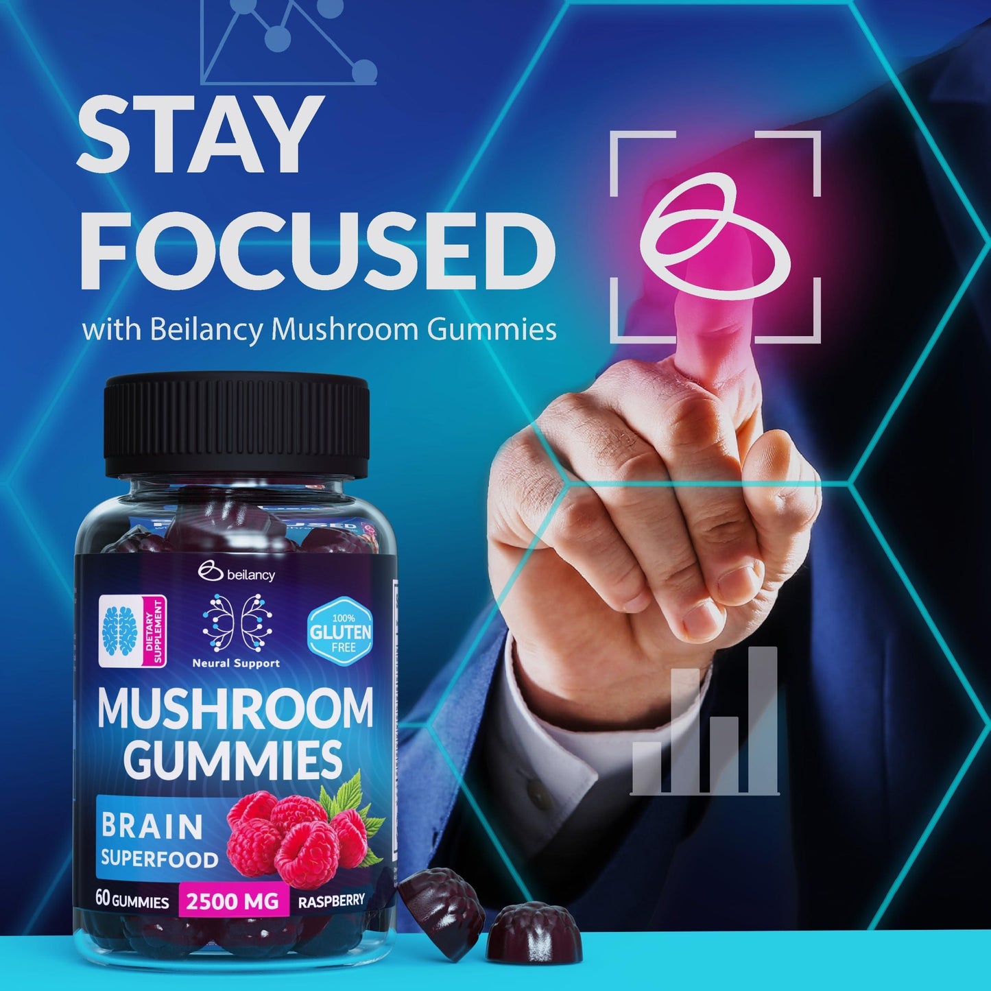 Mushroom Gummies Lion's Mane and Reishi for Cognitive Clarity 60 Gummies