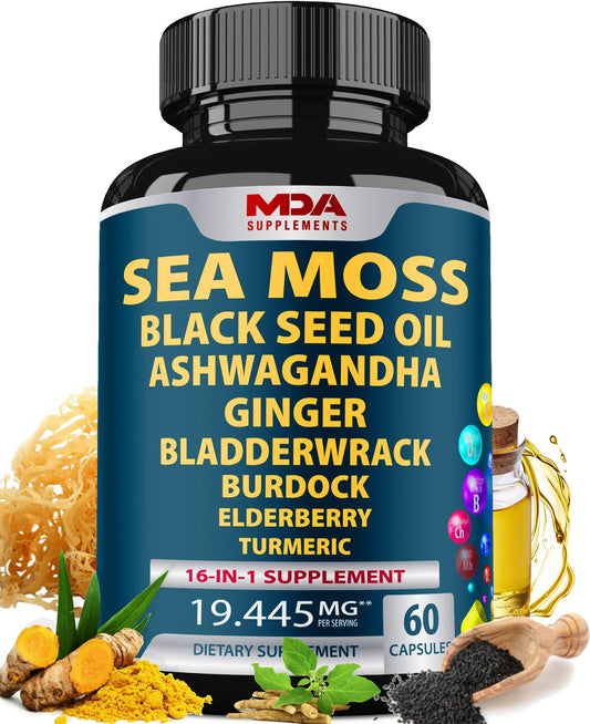 Sea Moss Black Seed Oil Ashwagandha Ginger Sea Moss Capsules with Burdock Root Organic Seamoss Pills Irish Sea Moss with Bladderwrack Multimineral Supplement USA