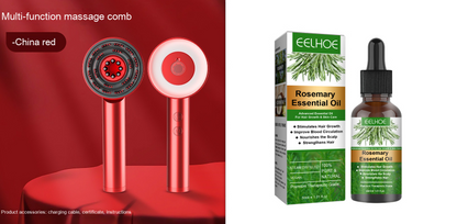 Multi-function massage comb on a red background with Elchoc rosemary essential oil packaging.